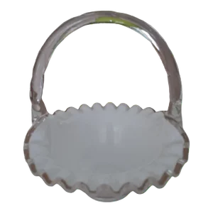 Mid 20th Century Fenton Silver Crest Milk Glass Faux Bamboo Style Glass Handle Basket Signed on Bottom