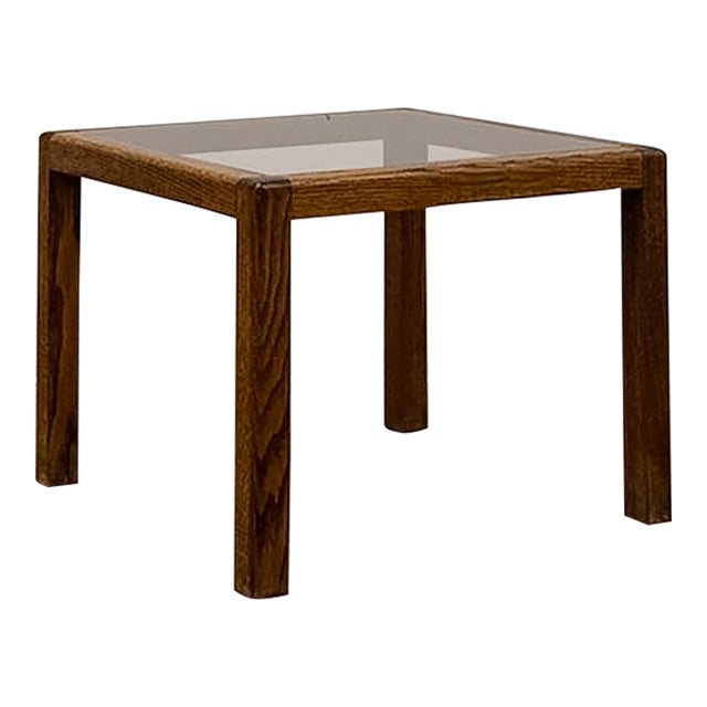 Vintage MCM Scandinavian Design Side Table Smoky Glass Top Dark Wood Accent For Sale
