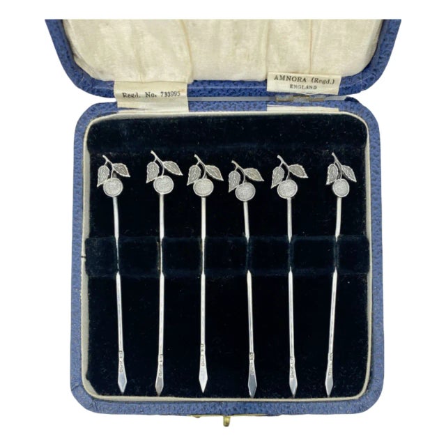 Antique Set of 6 Art Deco Napier England Sterling Silver Cocktail Garnish Picks For Sale - Image 11 of 12
