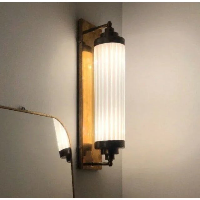 Rare Old Vintage Skyscraper Art Deco Skyscraper Brass & Milk Glass Rod Ship Light Fixture Wall Sconces Lamp Excellent...