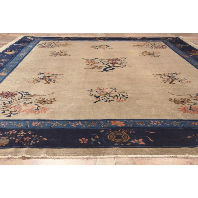 Tan Early 20th Century Chinoiserie Chic Antique Chinese Peking Rug 09'00 X 11'04. For Sale - Image 8 of 9