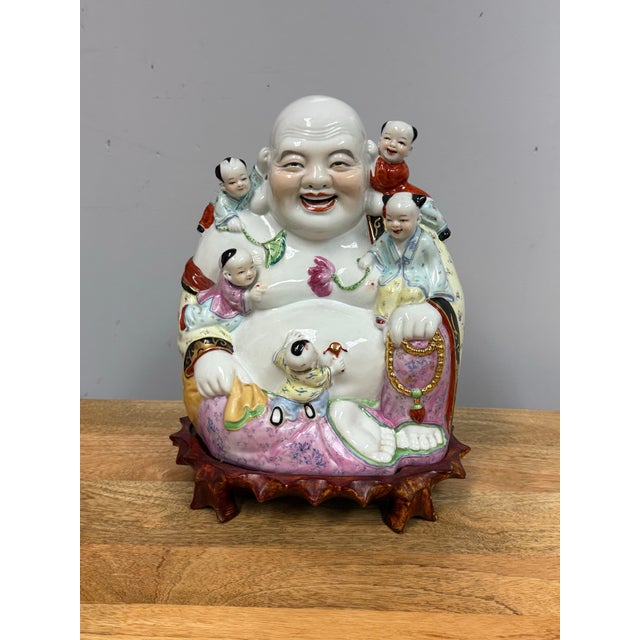 Rose Vintage Chinese Ceramic "Hotei" Laughing Buddha For Sale - Image 8 of 12