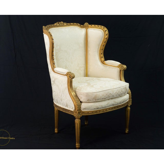 French Provincial Late 19th Century New Scalamandre Silk Upholstery Louis XV-Style Carved Gilt Wingback Armchair For Sale - Image 3 of 11