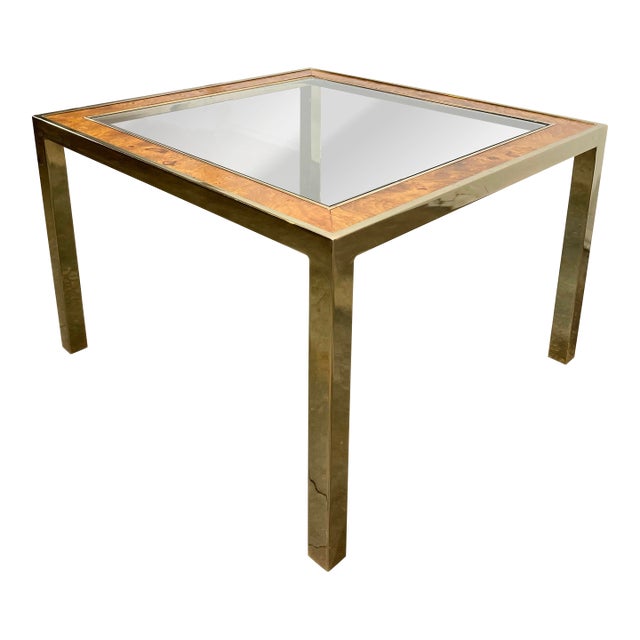 Vintage Parsons Style Burl Wood and Brass Glass Top Side Table For Sale
