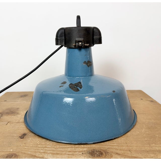 Industrial Blue Enamel Factory Lamp with Cast Iron Top, 1960s For Sale - Image 15 of 18