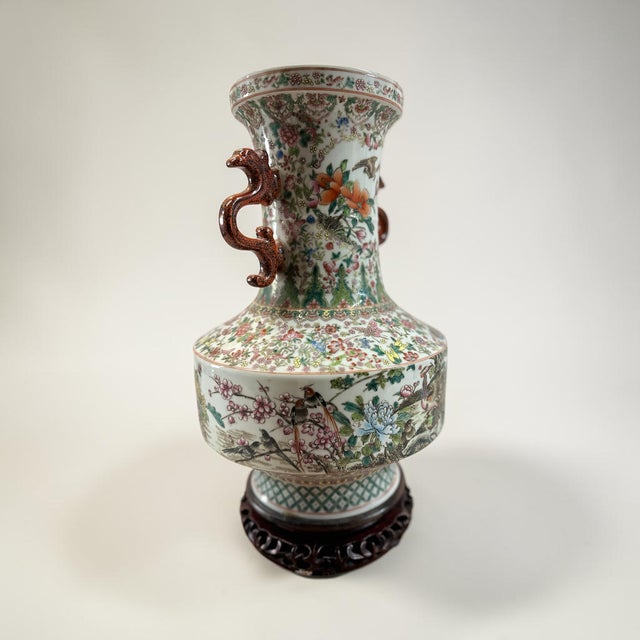 Late 20th Century Large 18" Chinese Famille Rose Porcelain Vase With Dragon Handles & Peacocks For Sale - Image 5 of 12