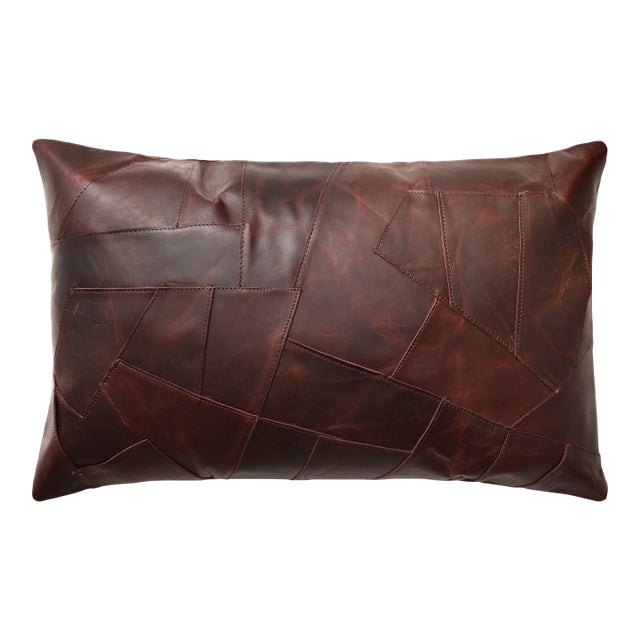 Luxury Distressed Brown Genuine Leather Patchwork Throw Pillow 16x24 | Handmade Designer Lumbar Cushion For Sale