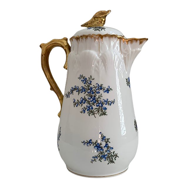 Antique R. Delinières & Cie Limoges Gilt Porcelain Chocolate Pot With Shell Finial For Sale