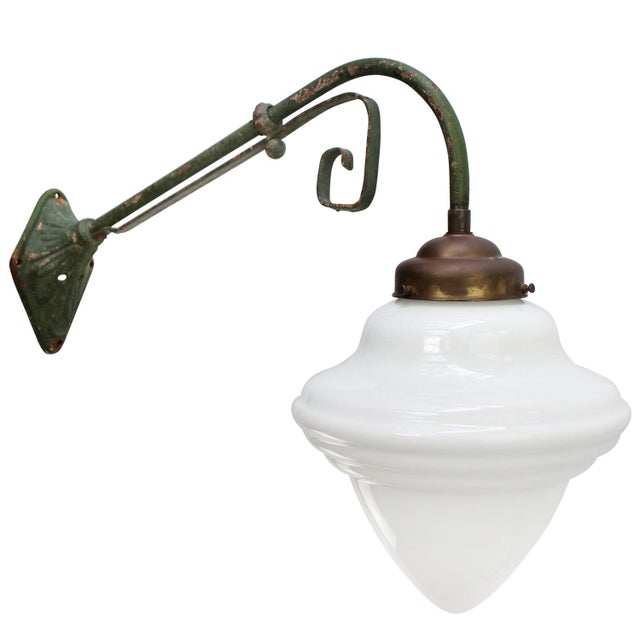 French Art Nouveau cast iron wall light Green cast iron, brass top and opaline glass Size wall plate 195 × 125 mm 1x E27 /...