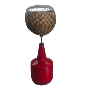 Large Indonesian Table Lamp in Double-Layered Glass and Wicker, 1970s For Sale