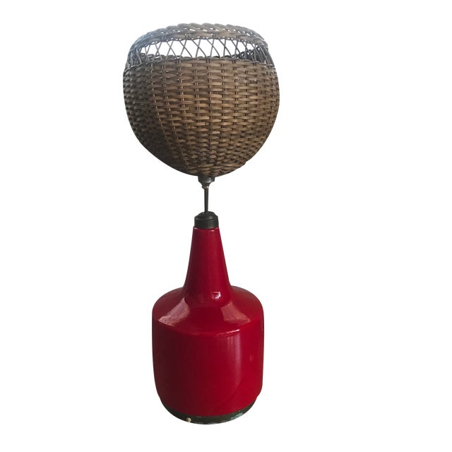 Large Indonesian Table Lamp in Double-Layered Glass and Wicker, 1970s For Sale