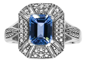 .925 Sterling Silver Diamond Accent and 8X6 mm Emerald-Shape Blue Topaz Ring - Ring Size 7