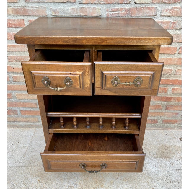 Spanish 20th Spanish Nightstands With Three Drawers One Shelf And Bronze Hardware 1970s, A Pair For Sale - Image 3 of 18