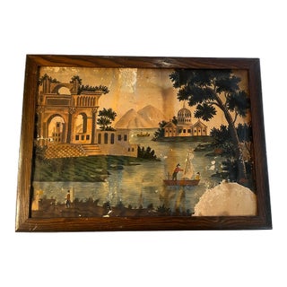 19th Century Gouache on Paper Painting of Italian Architecture $ People by a River For Sale