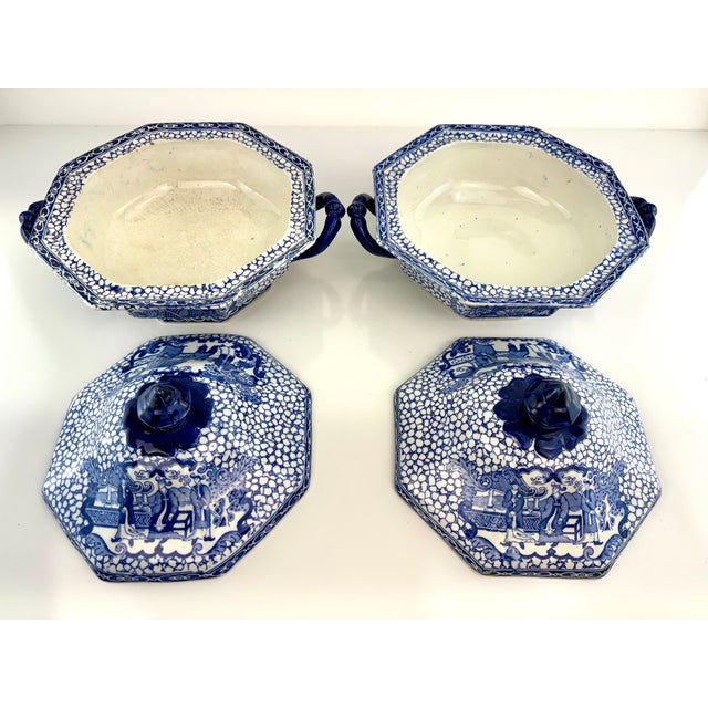 Ceramic Antique William Adams Blue & White Lidded Tureens, Chinese Pattern Influence, a Pair For Sale - Image 7 of 12
