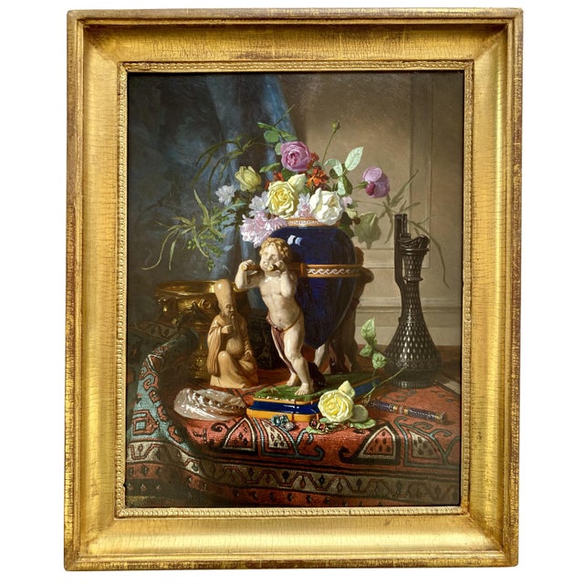 David De Noter, Still Life with a Lapis Lazuli Coloured Flower Vase on a Table, 1850, Oil on Panel For Sale - Image 11 of 11