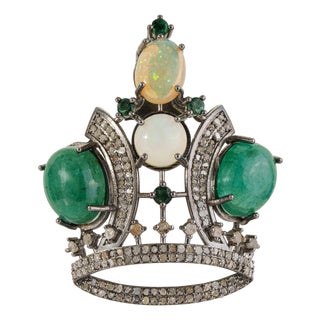 Vintage Neo-Victorian Art Inspired Natural Emerald Opal Tiara Crown Brooch Pendant in Silver For Sale