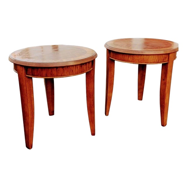Vintage Pair of Round Cherry Wood End Tables Tapered Legs For Sale