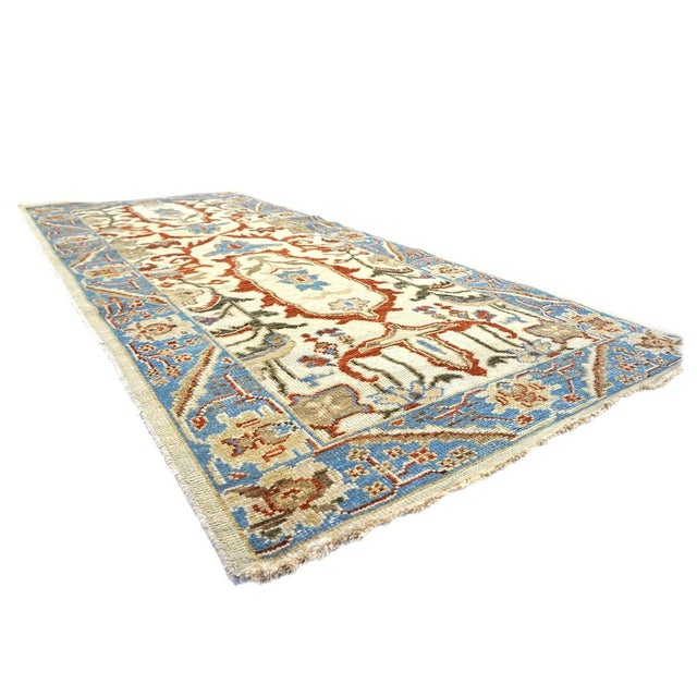 Islamic Afghan Sultanabad Master Wool 3x6 Ivory, Blue, & Red Handmade Runner Rug #1143761 For Sale - Image 3 of 6