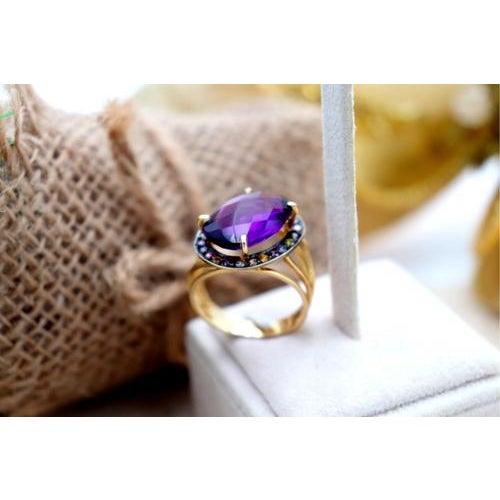 Gold Ring with Polished Tanzanites and Double Band For Sale - Image 6 of 7