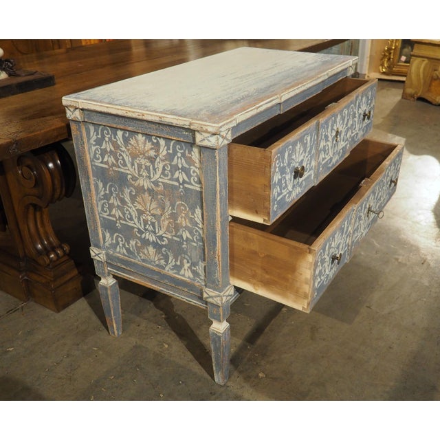 Pair of Hand Painted Blue and White Directoire Style Commodes For Sale - Image 14 of 18