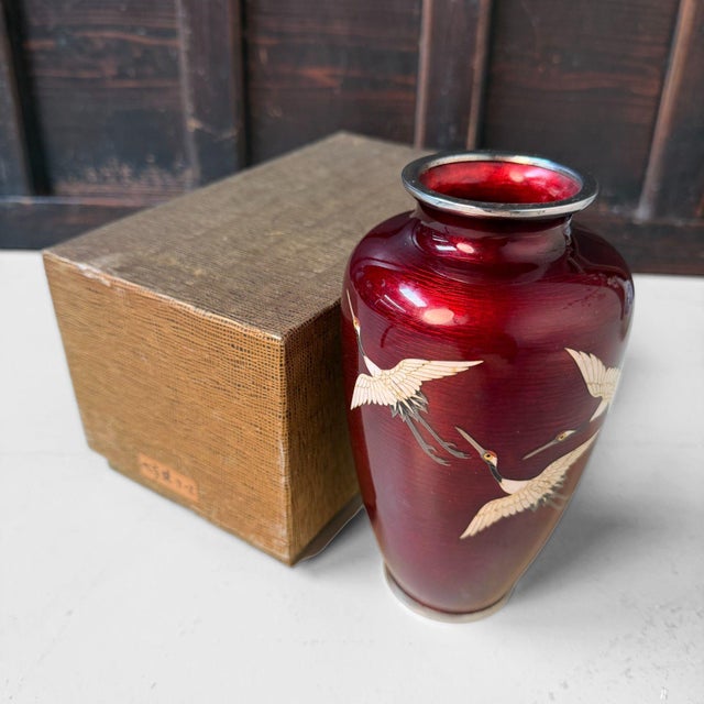 Shippo-Yaki Cloisonné Vase Cranes, Andō Shippōten, 1970s For Sale - Image 9 of 18