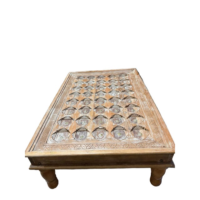 Wood Antique Carved Chai Coffee Table – Rustic Whitewashed Wood Accent Table 54 For Sale - Image 7 of 8