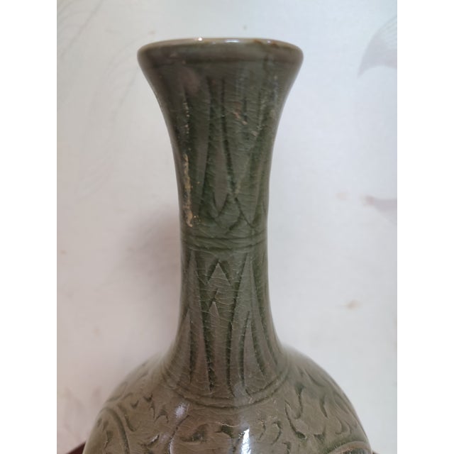Chinese Ceramic Vase Yaozhou Ware Celadon Vase Hand Carved Flowers Pattern For Sale In Seattle - Image 6 of 10