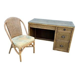 Boho Chic Woven Wicker Glass Top Writing Desk With Chair - 2 Pieces For Sale