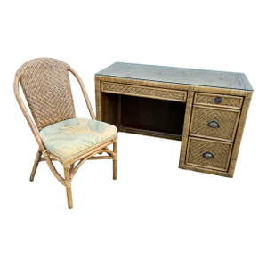 Boho Chic Woven Wicker Glass Top Writing Desk With Chair - 2 Pieces