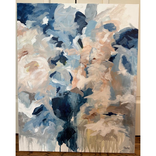 Large (24” x 30”) abstract painting by Jill Pavlas, with tones of blue, gray, white and neutrals.