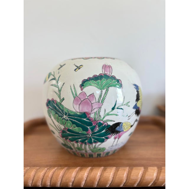 Vintage Chinese Porcelain Jardinière With Cranes & Lotus Motif For Sale - Image 4 of 11