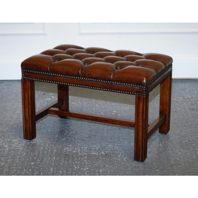 Vintage Chesterfield Hand Dyed Brown Leather Tuffed Footstool For Sale - Image 5 of 18