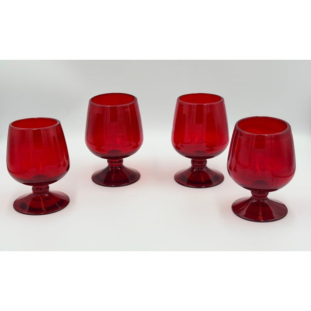 Mid-Century Modern Vintage Blenko Hand Blown Red Brandy Art Glass Snifter 4pc Set For Sale - Image 3 of 8