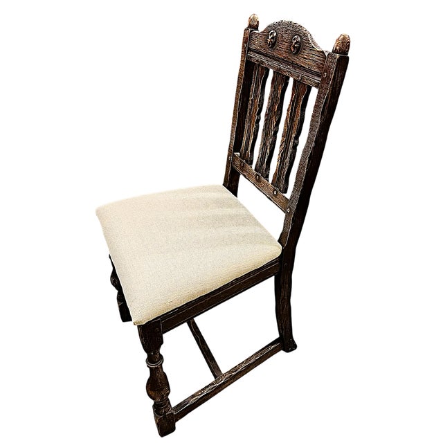 Mission Antique Santa Fe Style Carved Oak Dining Chairs - Set of 4 - Attributed to Jamestown Feudal Oak Collection For Sale - Image 3 of 8