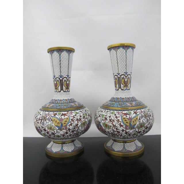 Chinese White Enamel Cloisonne Colorful Butterfly & Flower Vase Pair For Sale - Image 4 of 12