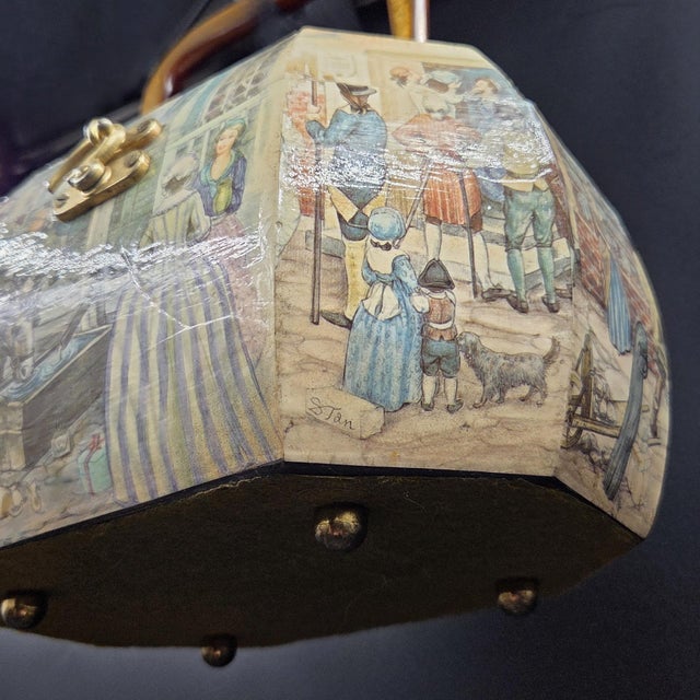 Chinoiserie Vintage Decoupaged Octagonal Vanity Box/Purse With Colonial Tavern Scene For Sale - Image 3 of 16