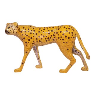 Cheetah - Vintage Cloisonne Enamel and Brass Sculpture - Mid Century Modern Palm Beach Boho Chic Animal Tropical Coastal For Sale