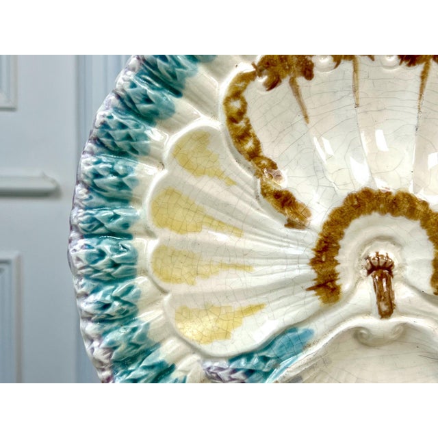Antique Longchamp Majolica Asparagus Plate: French Barbotine Shell Motif For Sale - Image 6 of 15