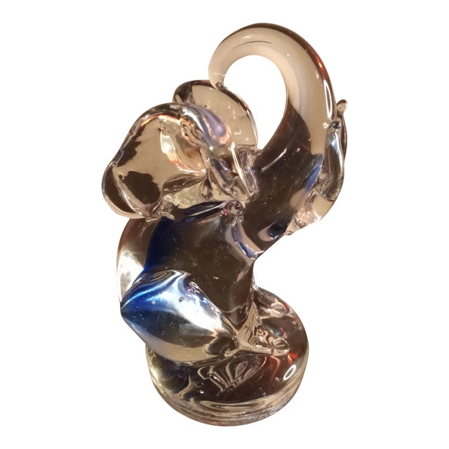 1980s Clear With Blue Hue Art Glass Trunk Up Elephant Figurine For Sale