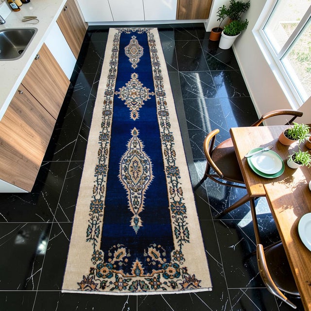 Tribal Hand-Knotted Runner Rug Navy Blue Rustik Hallway Decor Oushak Rug 3x11 Ft Approx For Sale - Image 3 of 13
