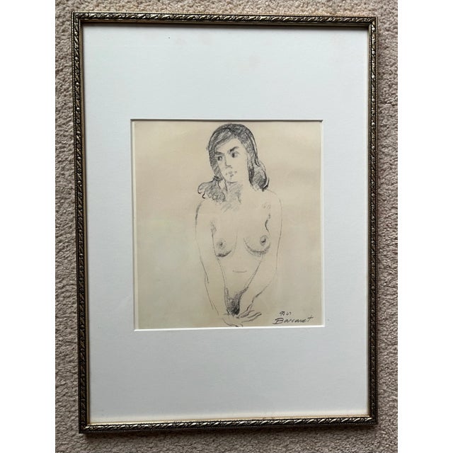 This charming pencil drawing of a nude is custom framed with Silver leaf carved wood molding and acid-free museum quality...