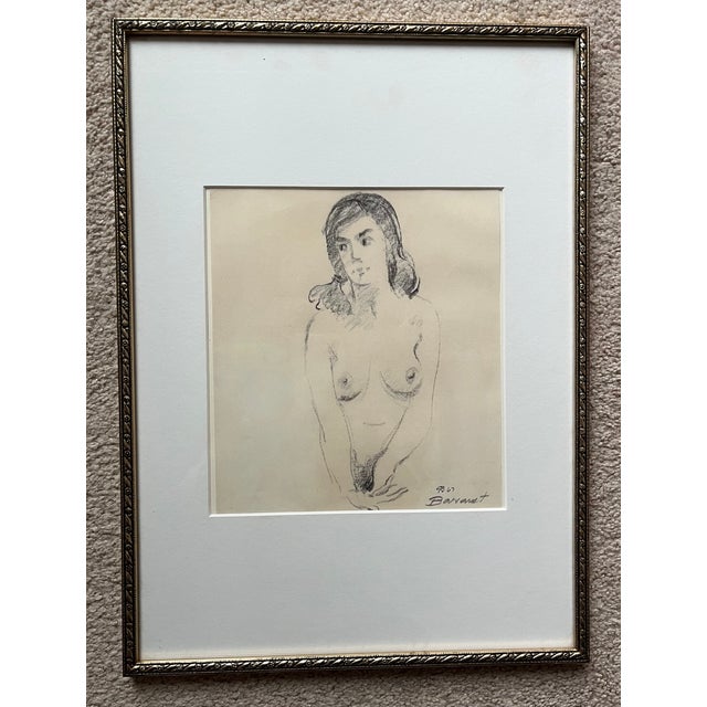 This charming pencil drawing of a nude is custom framed with Silver leaf carved wood molding and acid-free museum quality...