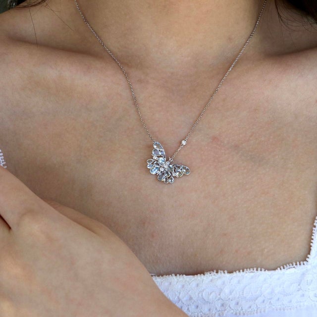 Nina Zhou Aquamarine Diamond Butterfly Pendant Necklace in 14k White Gold For Sale In Los Angeles - Image 6 of 10