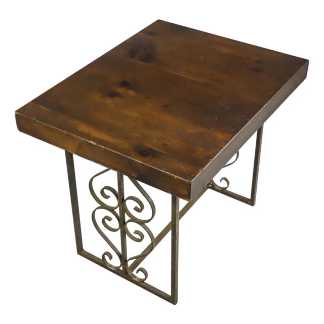 Reclaimed Pine Wood Antique Wrought Iron Side Table For Sale