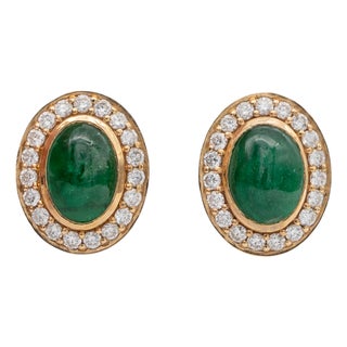 Emerald Stud Earrings With Earth Mined Diamonds in Solid 14k Gold, Oval 8x7mm, Pair For Sale