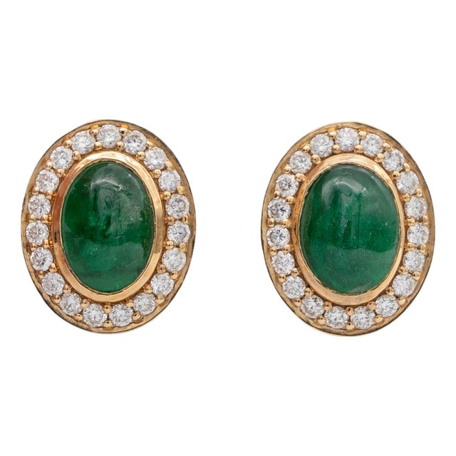 Emerald Stud Earrings With Earth Mined Diamonds in Solid 14k Gold, Oval 8x7mm, Pair For Sale