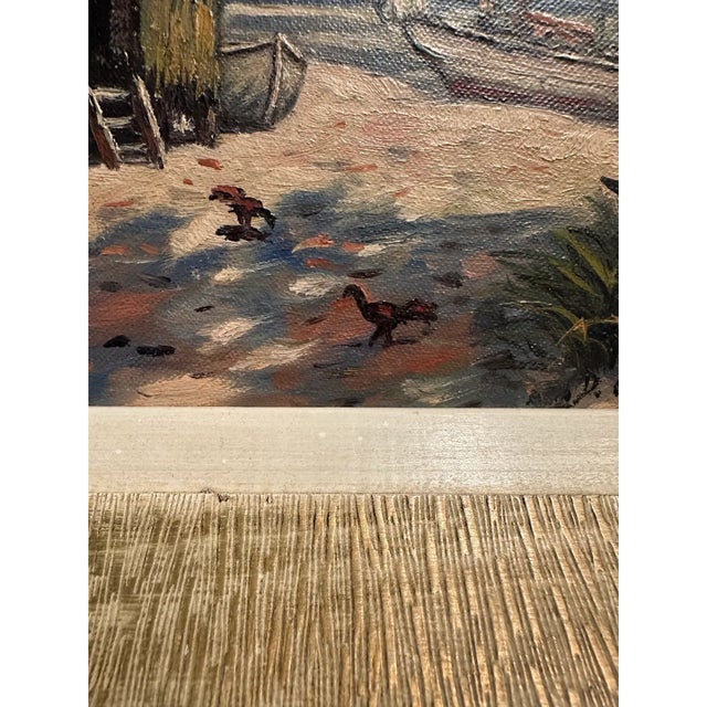 Vintage Mid-Century Signed Coastal Oil Painting With Palm Trees & Chickens For Sale - Image 9 of 15