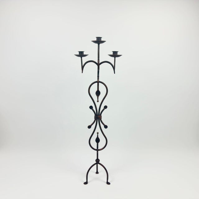 2020s Hand Forged Wrought Iron Floor Candelabra 44.5″ (113cm) Antique Copper Patina 3-Arm Scroll Design Candle Holder Rustic Fireplace Decor For Sale - Image 5 of 6