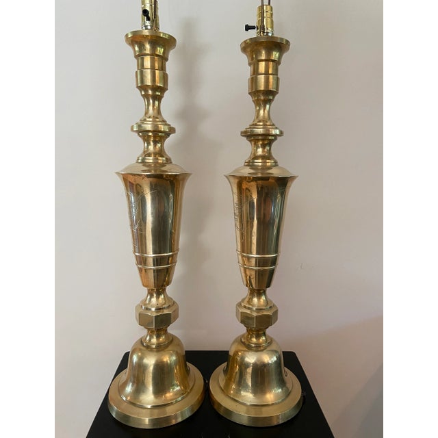 Mid-Century Modern Tall Mid-Century Modern Asian Inspired Brass Urn Lamps- a Pair For Sale - Image 3 of 13